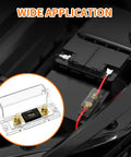 Installed Heavy Duty 150 Amp ANL Fuse Holder Kit With 150A ANL Fuse Clear View Fuse Block with gold terminals on car battery.