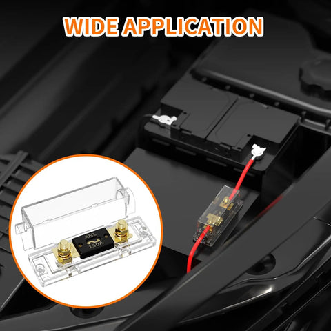 Installed Heavy Duty 150 Amp ANL Fuse Holder Kit With 150A ANL Fuse Clear View Fuse Block with gold terminals on car battery.