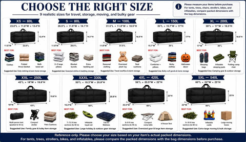 Size chart for Extra Large Foldable Duffle Bag For Travel And Moving, 100L XXL Gear Tote comparison with other sizes