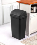 Black 4 Pack Swing Top Wastebasket Set in kitchen, 13 gallon capacity, sleek modern square design fitting standard liners.