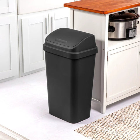 Black 4 Pack Swing Top Wastebasket Set in kitchen, 13 gallon capacity, sleek modern square design fitting standard liners.