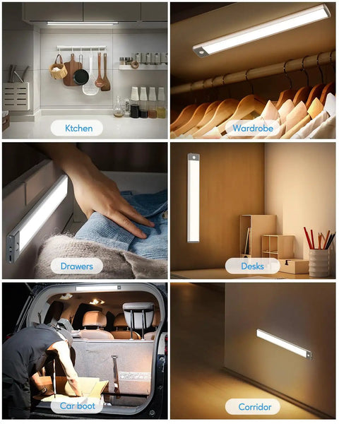 Various uses of 60 LED Under Cabinet Lights With Motion Sensor, 3 Color Temperatures, Stepless Dimming, Wireless, Kitchen to Car