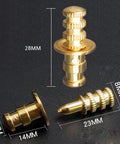 Gold Zinc Alloy Table Bolt Sleeve Connectors Kit, 15 Pcs Dowel Pins With Sockets, dimensions shown for extension tables and cabinets