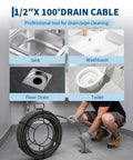 Heavy Duty 100 Foot Drain Snake Cable Knocks Out Tough Kitchen And Bathroom Clogs being used on various drains.