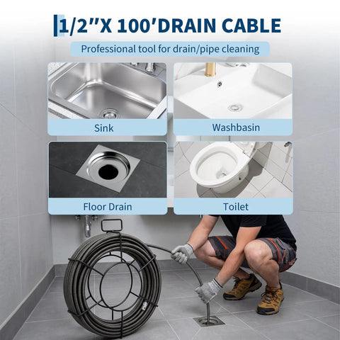 Heavy Duty 100 Foot Drain Snake Cable Knocks Out Tough Kitchen And Bathroom Clogs being used on various drains.