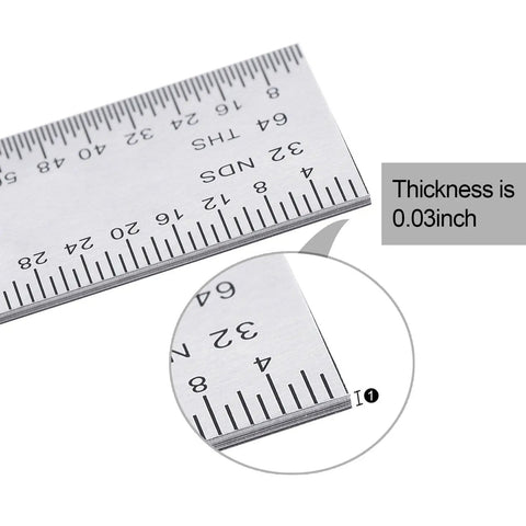 Close-up of 6-inch Two Pack Stainless Steel Ruler For Engineers And Makers, Dual Sided with thickness measurement
