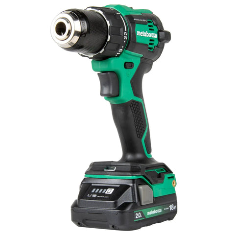 Compact 18V Cordless Brushless Hammer Drill Kit With 2 Lithium Ion Batteries, high torque drill in green and black.