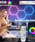 RGB Hexagon Ceiling Light Fixture 15 Pack With Dope Color Modes, adjust brightness and speed via app in modern living room