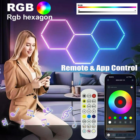 RGB Hexagon Ceiling Light Fixture 15 Pack With Dope Color Modes, adjust brightness and speed via app in modern living room