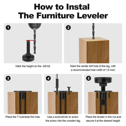 Four Pack Heavy Duty Furniture Levelers With Adjustable Feet For Uneven Floors From 0.75 To 1.75 Inches, Supports Up To 1320 Lbs, Large Base Black Kit With Three Eighths Sixteen Thread T Nut For Stabilizing Wobbling Sofas Tables Cabinets And Chairs