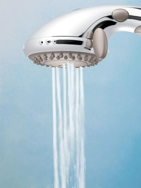 Close-up of Multi-Function Handheld Showerhead With Non-Positive Pause Control, Chrome Finish, water flow visible