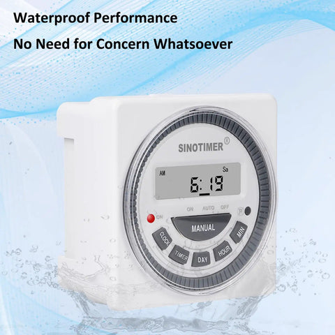 Digital 7 Day Programmable Timer Switch For 220V AC With LED Indicator And 18 On Off Per Day, panel view, waterproof design