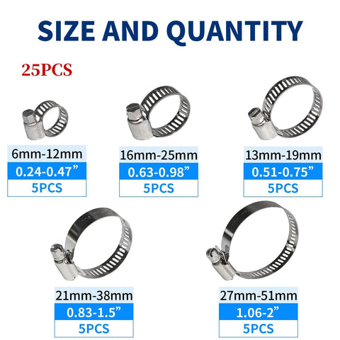 25-piece stainless steel worm-drive hose clamp set in multiple sizes for plumbing and automotive use.