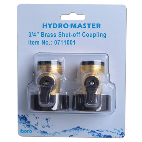 2-pack Heavy Duty Brass Shut Off Valves For Garden Hose Connectors with extra rubber seals, 3/4 inch FNH to MNH, packaged view