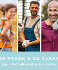 Three people using XL Shower Wipes For Adults No Rinse Bathing On The Go Clean Up Wipes For Travel Camping Gym Car Elderly
