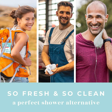 Three people using XL Shower Wipes For Adults No Rinse Bathing On The Go Clean Up Wipes For Travel Camping Gym Car Elderly