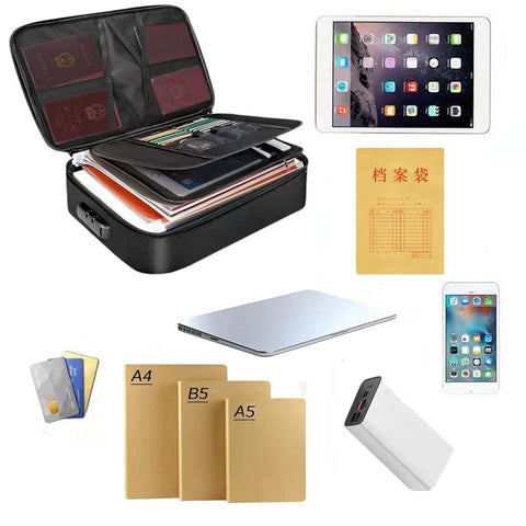 Fireproof File Organizer Bag With Lock Water Resistant Document Safe for home, office, travel with contents and gadgets around.