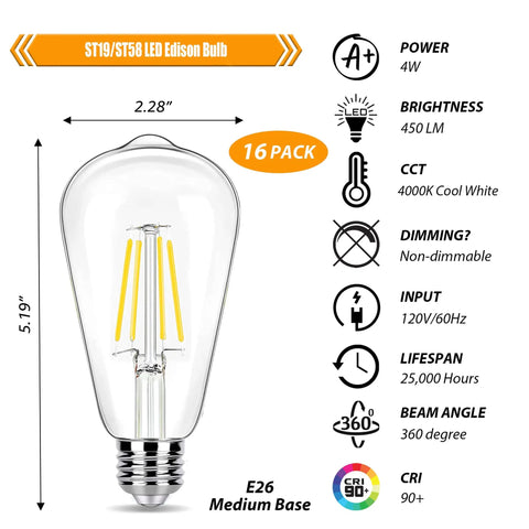 Diagram of Sixteen Pack LED Edison Bulbs 4W Equivalent To 40W Filament Not Dimmable 4000K Cool White E26