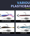 Various swimbait jig heads with stacked cone keeper anti rust brass blade flash eyes and spinning underspin for bass and saltwater fishing.