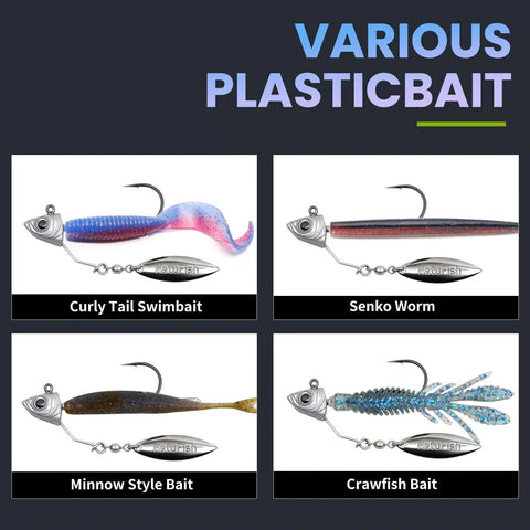 Various swimbait jig heads with stacked cone keeper anti rust brass blade flash eyes and spinning underspin for bass and saltwater fishing.