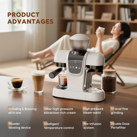 Top Shelf Daily Driver 20 Bar Espresso Machine With Built In Grinder And Power Steam Wand Dishing Out Killer Crema For Smooth Shot Pulls Featuring Smart Temp Control 58mm Stainless Portafilter And Quick Touch Setup For The Home Barista on a wooden table with coffee cups.