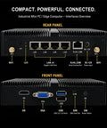 Intel Celeron J1900 Firewall Mini PC With Four Network Ports And Extra GB Connectivity For Straight Up Bulletproof Home Routing Plus 4GB RAM 64GB SSD Storage For Smooth VPN Setup rear and front panel interface overview