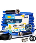 Blue 30-ft heated RV water hose with brass fittings; BPA-free, -45°F cold resistance.