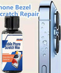 Bottle of Mobile Phone Scratch Wax beside phone with visible bezel and camera, product text includes Scratch Remover For Phone Screens And Other Gadgets With Quick Fix Polish Cream And Sponge 40 Ml Or 100 Ml Restores Clarity And Removes Light Scratches On Watches Laptops Mirrors And More Electronics.
