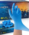 Top Tier Blue Nitrile Gloves Food Safe Grade 6 Mil Thick Latex Free Kitchen Cooking Cleanup 100 Count Roll with hand wearing a glove.