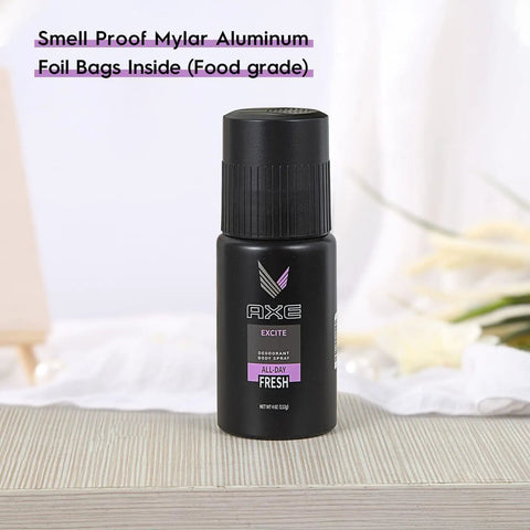 Deodorant bottle with smell proof mylar aluminum foil bags background