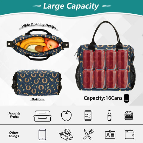 Horseshoe Lightning Bolt Insulated Lunch Box Bag Black Grab And Go Two Size Options Medium And Small Built To Last Nylon Exterior Pearl Cotton Insulation Spacious Lunch Cooler That Keeps Meals Fresh All Day Ideal For Work Or School, wide opening, 16-can capacity