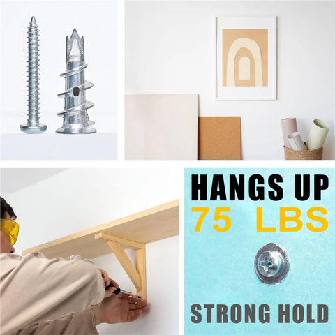 Self Drilling Drywall Anchors With Screws Kit 50 Sets Heavy Duty Wall Mount Anchors For Hanging Cabinets Shelves TVs And More No Fuss Install With Rust Resistant Yellow Zinc Finish, zinc anchor and screw kit, 75 lb hold