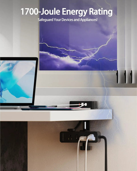 Dual Layer Desk Clamp Power Strip With 13 Outlets And 4 USB Ports Including USB C, Under Desk Surge Protector on desk edge.