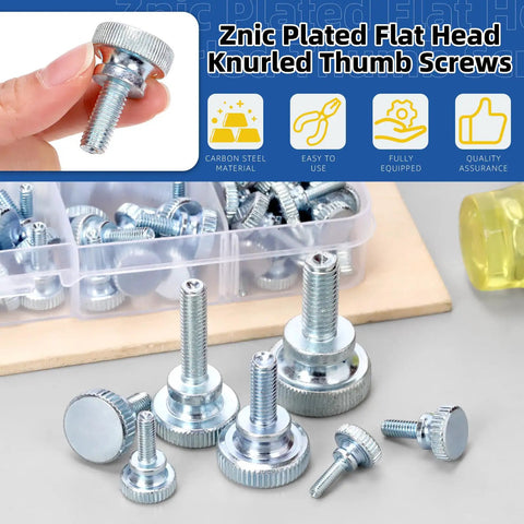 Dang Good Grip Smooth Rolling Knurled Thumb Screws M3 M4 M5 M6 M8 assorted zinc plated flat head fasteners in display box.