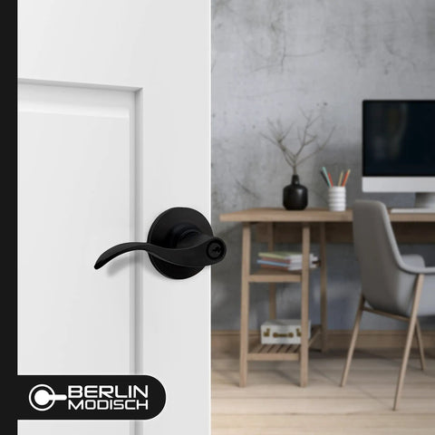 Entry Lever Door Handle With Lock And Two Keys For Office Or Front Door In Iron Black Finish Reversible For Right Or Left Doors Classic Series Door Hardware That Fits Modern And Traditional Interiors Built Like A Boss on white door