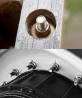Top Notch Serrated Flange Hex Lock Nuts 50 Pack Crafted From Durably Strong 304 Stainless Steel Full Thread Non Slip Fasteners With A Slick Bright Silver Finish For Every Rig And Project installed on a wooden post and a wheel hub.