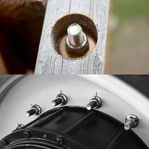 Top Notch Serrated Flange Hex Lock Nuts 50 Pack Crafted From Durably Strong 304 Stainless Steel Full Thread Non Slip Fasteners With A Slick Bright Silver Finish For Every Rig And Project installed on a wooden post and a wheel hub.