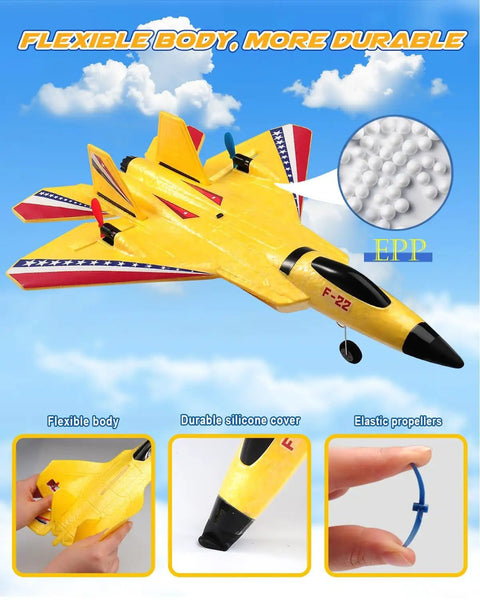 F22 RC Plane Jet For Beginners And Kids, Easy To Fly Foam Glider With Gyro Stabilization, Durable EPP Foam, Yellow, shown from top angle