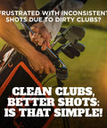 Golf Club Cleaner With Ergonomic Grip And 2.5 Feet Retractable Cord, Pink, Replaceable Bristle Heads And Groove Cleaner For Clean Clubs And Sharper Shots On The Course shown clipped to a golf bag