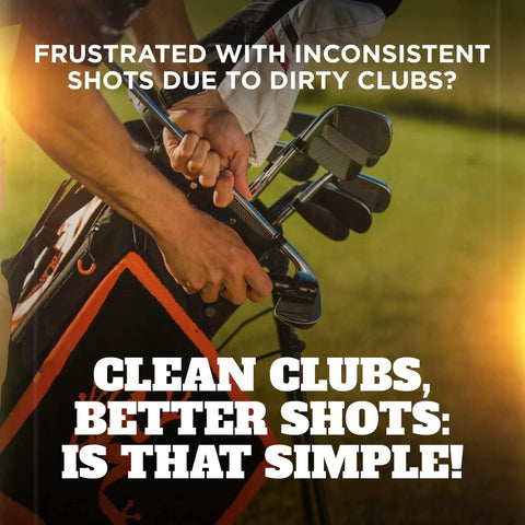 Golf Club Cleaner With Ergonomic Grip And 2.5 Feet Retractable Cord, Pink, Replaceable Bristle Heads And Groove Cleaner For Clean Clubs And Sharper Shots On The Course shown clipped to a golf bag