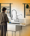 Heavy Duty Commercial Wall Mount Sink Faucet With Pull Down Sprayer Built Like A Tank 360 Degree Swivel 8 Inch Adjustable Center in action.