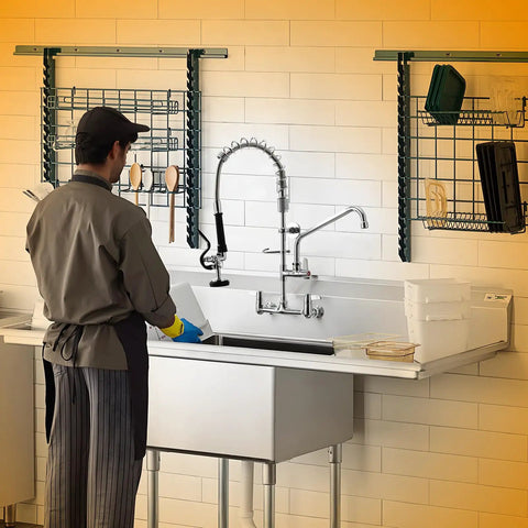 Heavy Duty Commercial Wall Mount Sink Faucet With Pull Down Sprayer Built Like A Tank 360 Degree Swivel 8 Inch Adjustable Center in action.