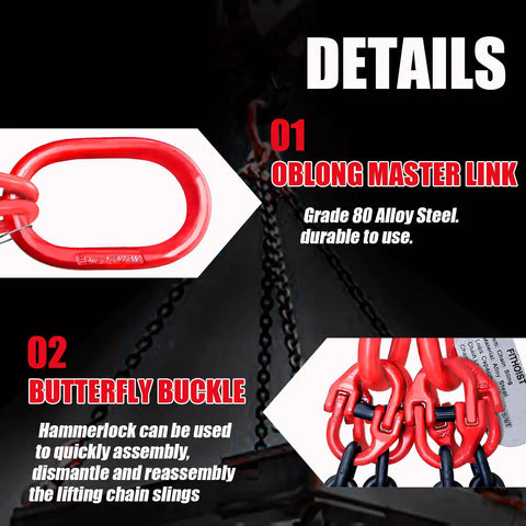 Heavy Duty Four Leg Chain Sling Built Tough With Four Safety Hooks Made From G80 Alloy Steel, features oblong master link and butterfly buckle.