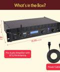 2 Channel Rack Mount Power Amplifier With Bluetooth 2000W Peak Bridgeable, dimensions shown, with power cable included.