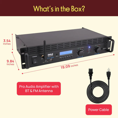 2 Channel Rack Mount Power Amplifier With Bluetooth 2000W Peak Bridgeable, dimensions shown, with power cable included.