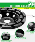 5 inch diamond cup wheel for angle grinder with chip removal holes, metal coating, and 5mm thickness for concrete surfaces.
