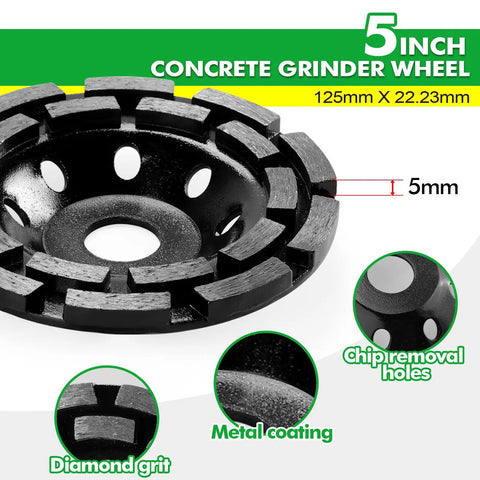 5 inch diamond cup wheel for angle grinder with chip removal holes, metal coating, and 5mm thickness for concrete surfaces.