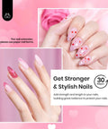 Manicured nails with Builder Gel Kit with 5 Colors Nude Shimmer Glitter 7 in 1 Hema Free Strengthener Gel With Heart Top Coat