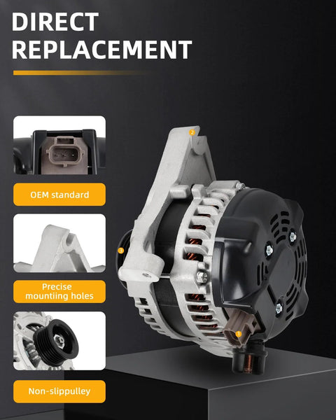 Beefy 12V 150Amp Alternator With S6 Pulley For Ford Expedition 2009 2010, Ford F150 2009 2010, Lincoln Navigator 2009 2010 Replaces 11292 1042105970 CW Rotation IR Regulator IF Fan showing precise mounting holes and non-slip S6 pulley