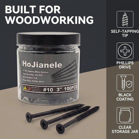 Three Inch Self Tapping Wood Screws Kit With 100 Pieces Number Ten Flat Head Phillips Drive Black Heavy Duty Deck Screws For DIY Projects And Easy Home Repairs Built Tough. Jar of 3-inch black #10 Phillips wood screws